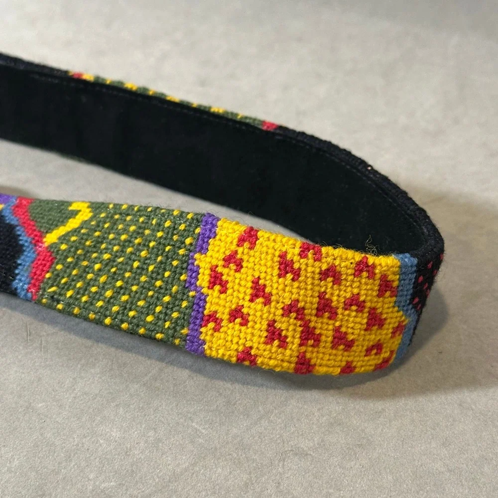 Vintage Needlepoint‎ Belt Mixed Metal Buckle Multi Color Geometric Suede Backed